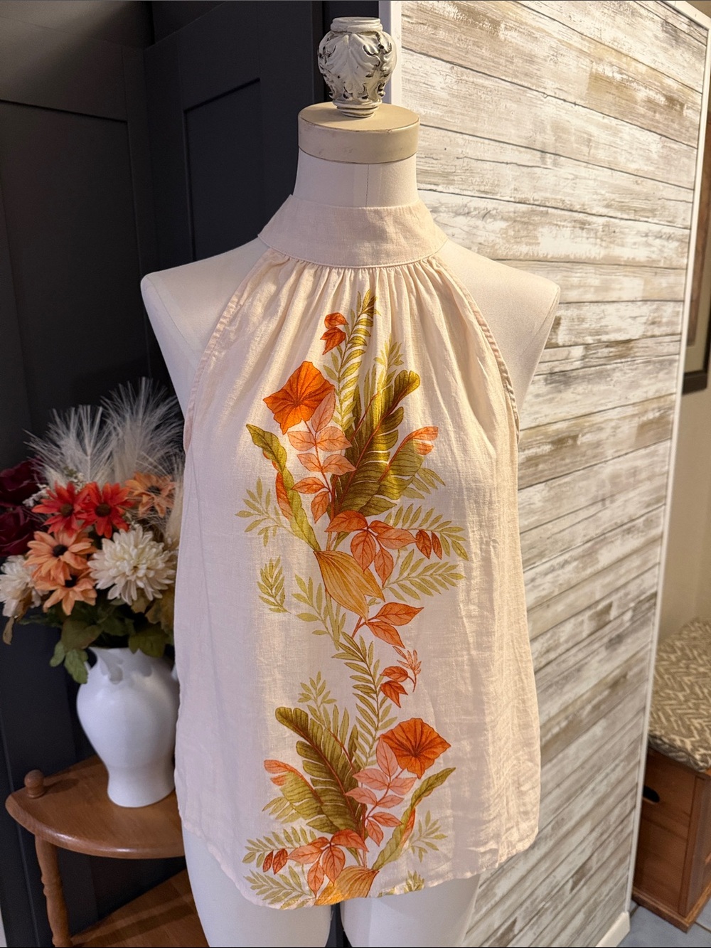 New Calypso St. Barth Cream high neck halter top Botanical tropical small